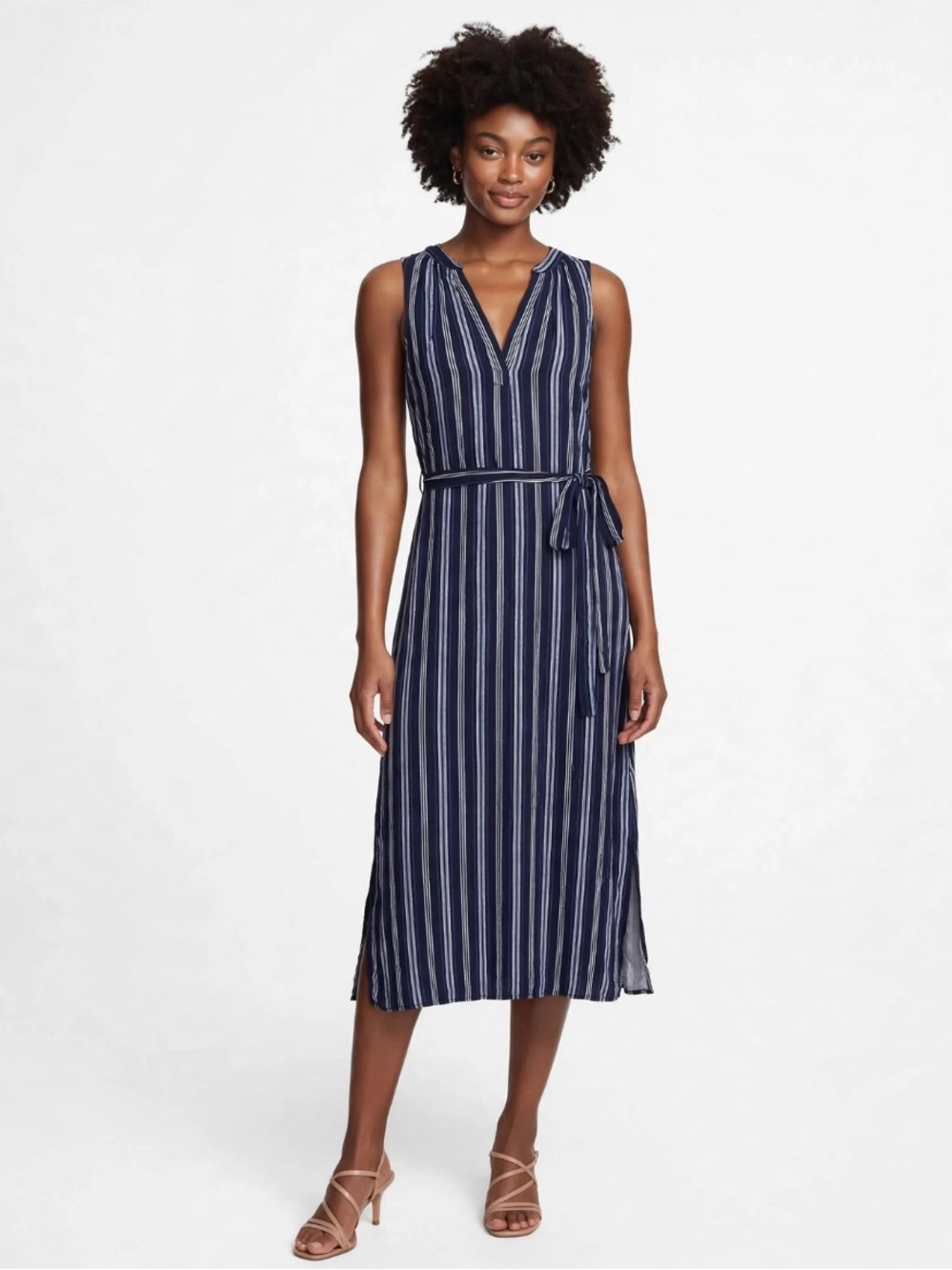 GAP Striped Navy Blue and White Sleeveless Maxi Dress with Tie Waist
